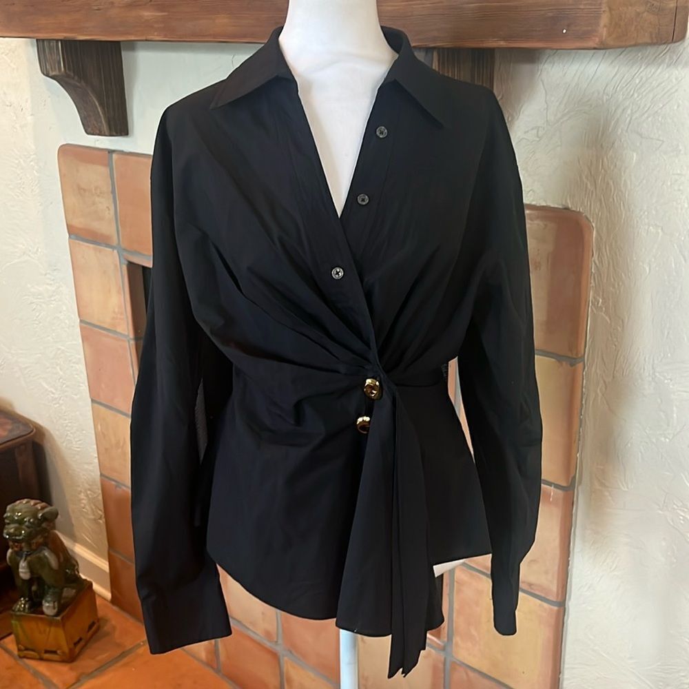 Tanya Taylor Orla Top Long Sleeve Black Gold Buttons Designer, size 6